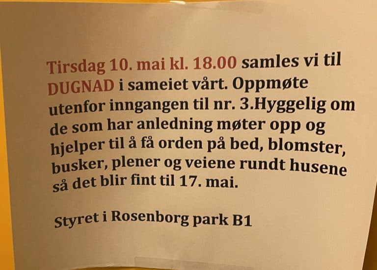 Innkalling til dugnad 10.mai 2022.